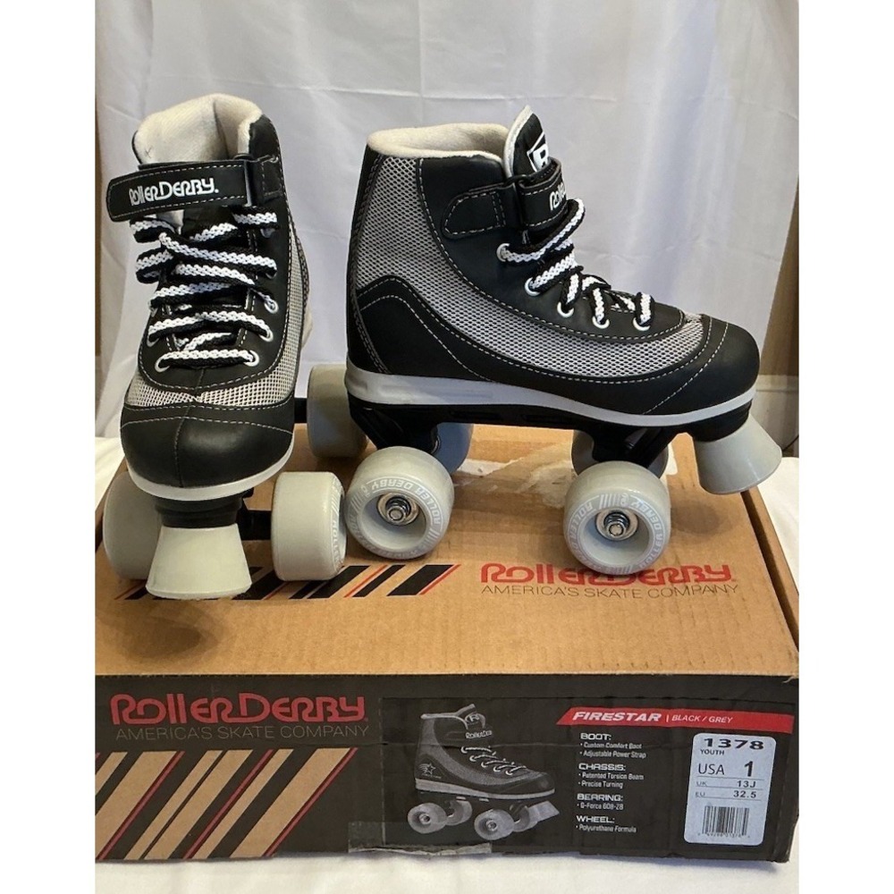 Roller Derby Big Kids Firestar Roller Skates  Black and Grey Boys Girls New Sz 1